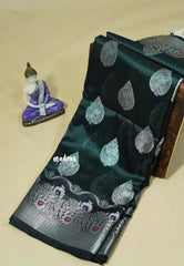 Deep Bottle Green - Durga - Banarasi Semi Dupion silk with Silver Zari Buttas and Border - Best for Function Wear