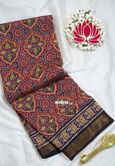 Dark Red - Semi Modal Silk with Bagru Prints and Soft Tissue Zari Border - Best for Regular Wear | Casual Wear