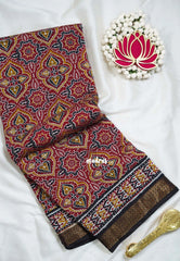 Dark Red - Semi Modal Silk with Bagru Prints and Soft Tissue Zari Border - Best for Regular Wear | Casual Wear