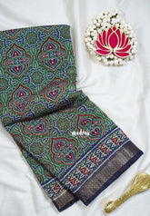 Sage Green - Semi Modal Silk with Bagru Prints and Soft Tissue Zari Border - Best for Regular Wear | Casual Wear