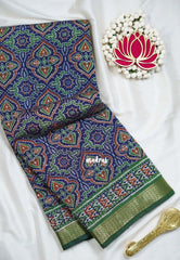 Indigo Blue - Semi Modal Silk with Bagru Prints and Soft Tissue Zari Border - Best for Regular Wear | Casual Wear