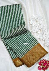 Classic Green - Semi Modal Silk with Stripes Prints and Soft Tissue Zari Border - Best for Regular Wear | Casual Wear
