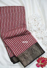 Dark Red - Semi Modal Silk with Stripes Prints and Soft Tissue Zari Border - Best for Regular Wear | Casual Wear