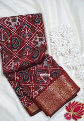 Reddish Maroon - Semi Modal Silk with Bagru Prints and Soft Tissue Zari Border - Best for Regular Wear | Casual Wear