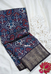 Indigo Blue - Semi Modal Silk with Bagru Prints and Soft Tissue Zari Border - Best for Regular Wear | Casual Wear
