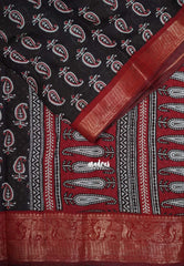 Dark Chocolate Brown with Dark Red - Semi Modal Silk with Bagru Prints and Soft Tissue Zari Border - Best for Regular Wear | Casual Wear