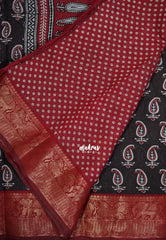 Dark Chocolate Brown with Dark Red - Semi Modal Silk with Bagru Prints and Soft Tissue Zari Border - Best for Regular Wear | Casual Wear
