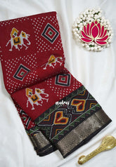 Reddish Maroon - Semi Modal Silk with Bagru Prints and Soft Tissue Zari Border - Best for Regular Wear | Casual Wear