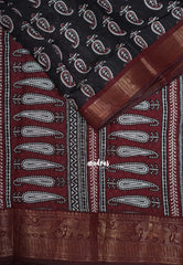 Dark Chocolate Brown with Maroon - Semi Modal Silk with Bagru Prints and Soft Tissue Zari Border - Best for Regular Wear | Casual Wear