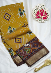 Mustard Yellow - Semi Modal Silk with Bagru Prints and Soft Tissue Zari Border - Best for Regular Wear | Casual Wear