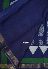 Indigo Blue - Semi Modal Silk with Bagru Prints and Soft Tissue Zari Border - Best for Regular Wear | Casual Wear