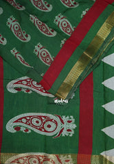 Classic Green - Semi Modal Silk with Bagru Prints and Soft Tissue Zari Border - Best for Regular Wear | Casual Wear
