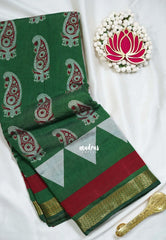 Classic Green - Semi Modal Silk with Bagru Prints and Soft Tissue Zari Border - Best for Regular Wear | Casual Wear