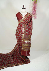 Reddish Maroon - Semi Modal Silk with Floral Prints and Soft Tissue Zari Border - Best for Regular Wear | Casual Wear