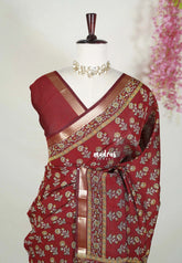 Reddish Maroon - Semi Modal Silk with Floral Prints and Soft Tissue Zari Border - Best for Regular Wear | Casual Wear