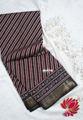 Jet Black - Semi Modal Silk with Diagonal Stripes and Ajrakh Prints Pallu - Best for Regular Wear | Casual Wear