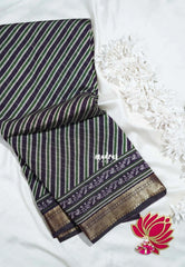 Dark Jamun Purple - Semi Modal Silk with Diagonal Stripes and Ajrakh Prints Pallu - Best for Regular Wear | Casual Wear