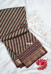 Dark Maroon - Semi Modal Silk with Diagonal Stripes and Ajrakh Prints Pallu - Best for Regular Wear | Casual Wear
