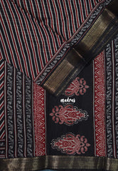 Jet Black - Semi Modal Silk with Diagonal Stripes and Ajrakh Prints Pallu - Best for Regular Wear | Casual Wear