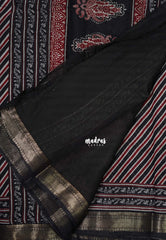 Jet Black - Semi Modal Silk with Diagonal Stripes and Ajrakh Prints Pallu - Best for Regular Wear | Casual Wear