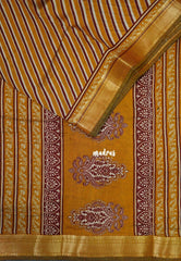 Mustard Yellow - Semi Modal Silk with Diagonal Stripes and Ajrakh Prints Pallu - Best for Regular Wear | Casual Wear