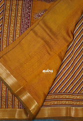 Mustard Yellow - Semi Modal Silk with Diagonal Stripes and Ajrakh Prints Pallu - Best for Regular Wear | Casual Wear