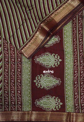Dark Maroon - Semi Modal Silk with Diagonal Stripes and Ajrakh Prints Pallu - Best for Regular Wear | Casual Wear