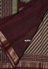 Dark Maroon - Semi Modal Silk with Diagonal Stripes and Ajrakh Prints Pallu - Best for Regular Wear | Casual Wear