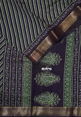 Dark Jamun Purple - Semi Modal Silk with Diagonal Stripes and Ajrakh Prints Pallu - Best for Regular Wear | Casual Wear