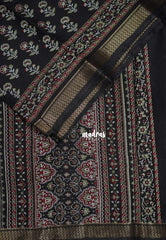 Jet Black - Semi Modal Silk with Floral Prints and Small Zari Border - Best for Regular Wear | Casual Wear