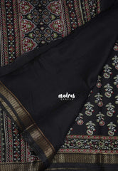 Jet Black - Semi Modal Silk with Floral Prints and Small Zari Border - Best for Regular Wear | Casual Wear