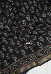Jet Black - Semi Modal Silk with Floral Prints and Soft Tissue Zari Border - Best for Regular Wear | Casual Wear