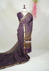 Jamun Purple - Semi Modal Silk with Floral Prints and Soft Tissue Zari Border - Best for Regular Wear | Casual Wear
