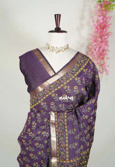 Jamun Purple - Semi Modal Silk with Floral Prints and Soft Tissue Zari Border - Best for Regular Wear | Casual Wear