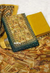 Amitha – Dark Green Semi silk salwar suit with tissue yoke and dupatta cotton bottom