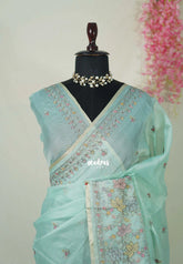 Creamy Turquoise - Shalini - Premium Super Net Saree with Embroidery Weaving Border, Pallu and Buttas - Best for Office Wear / Hightea party