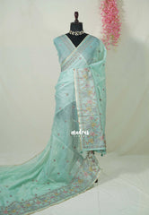 Creamy Turquoise - Shalini - Premium Super Net Saree with Embroidery Weaving Border, Pallu and Buttas - Best for Office Wear / Hightea party