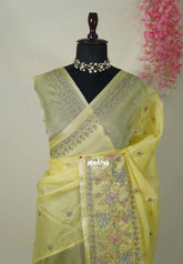 Creamy Yellow - Shalini - Premium Super Net Saree with Embroidery Weaving Border, Pallu and Buttas - Best for Office Wear / Hightea party