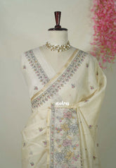 Ivory Beige - Shalini - Premium Super Net Saree with Embroidery Weaving Border, Pallu and Buttas - Best for Office Wear / Hightea party