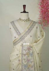 Ivory Beige - Shalini - Premium Super Net Saree with Embroidery Weaving Border, Pallu and Buttas - Best for Office Wear / Hightea party