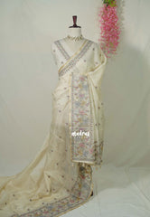 Ivory Beige - Shalini - Premium Super Net Saree with Embroidery Weaving Border, Pallu and Buttas - Best for Office Wear / Hightea party