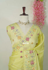 Pastel Yellowish Green with Scallop - Shalini - Premium Super Net Saree Petite Embroidery Weaving Border and Buttas with Scallop - Best for Office Wear / Hightea party