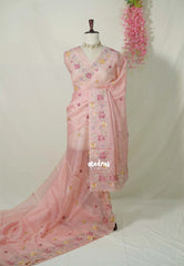 Blush Pink with Scallop - Shalini - Premium Super Net Saree Petite Embroidery Weaving Border and Buttas with Scallop - Best for Office Wear / Hightea party