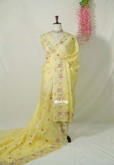 Creamy Butter Yellow with Scallop - Shalini - Premium Super Net Saree Petite Embroidery Weaving Border and Buttas with Scallop - Best for Office Wear / Hightea party