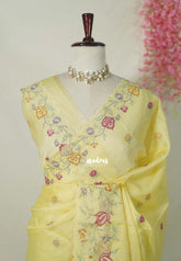 Creamy Butter Yellow with Scallop - Shalini - Premium Super Net Saree Petite Embroidery Weaving Border and Buttas with Scallop - Best for Office Wear / Hightea party