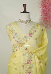 Creamy Butter Yellow with Scallop - Shalini - Premium Super Net Saree Petite Embroidery Weaving Border and Buttas with Scallop - Best for Office Wear / Hightea party