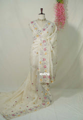 Ivory Beige with Scallop - Shalini - Premium Super Net Saree Petite Embroidery Weaving Border and Buttas with Scallop - Best for Office Wear / Hightea party