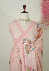 Blush Peach with Lace - Shalini - Premium Super Net Saree with Embroidery Weaving - Best for Office Wear / Hightea party