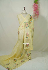 Creamy Yellow with Lace - Shalini - Premium Super Net Saree with Embroidery Weaving - Best for Office Wear / Hightea party