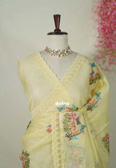 Creamy Yellow with Lace - Shalini - Premium Super Net Saree with Embroidery Weaving - Best for Office Wear / Hightea party